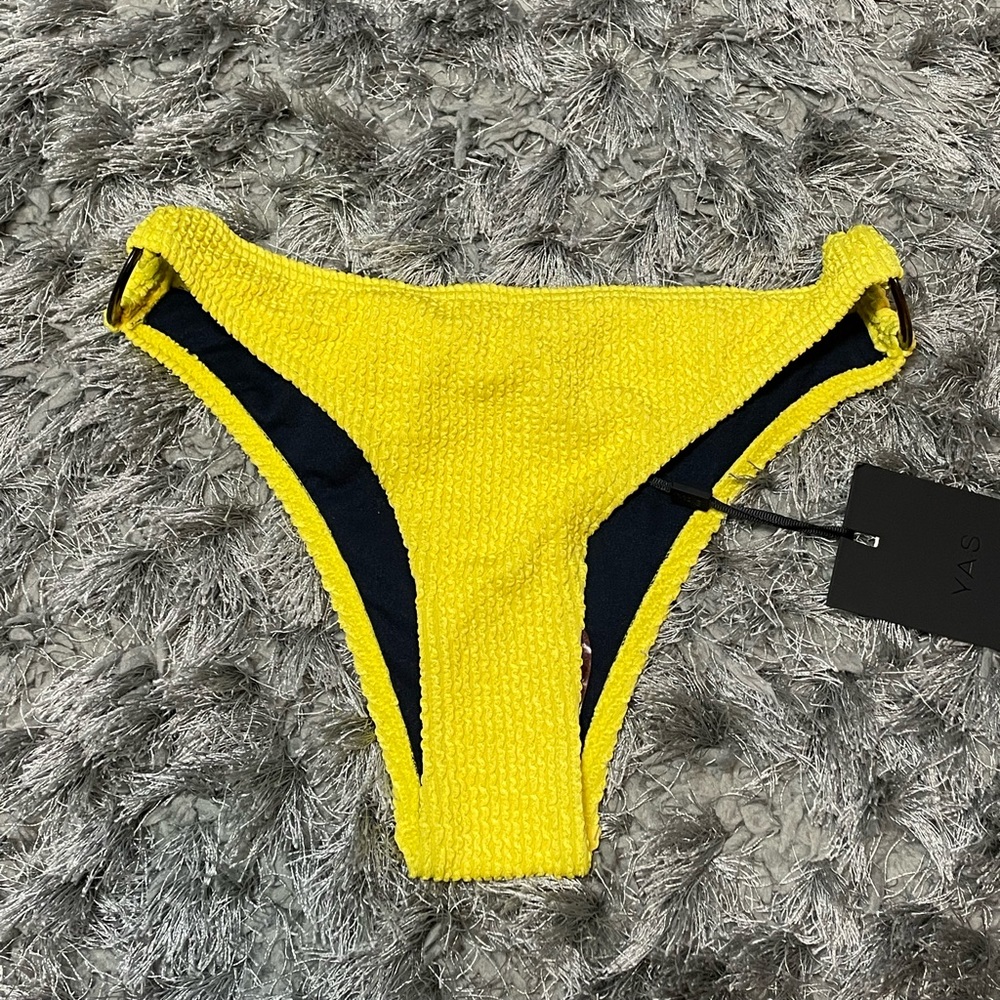 New Y.A.S Women’s Bright Yellow Textured Bikini Bottom, Tortoise Ring Detail UK8